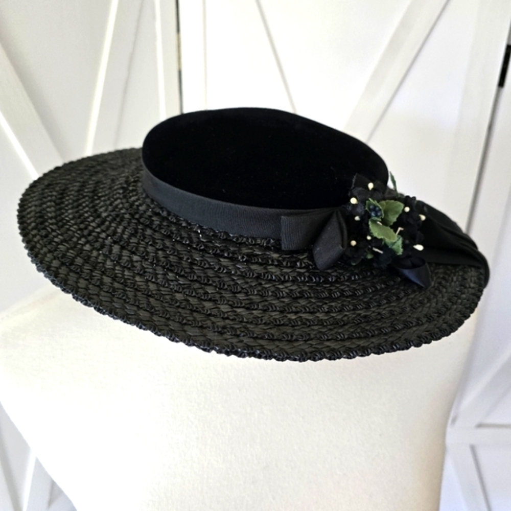 Vintage Betmar Black Velvet Straw Hat - Picture 2 of 7